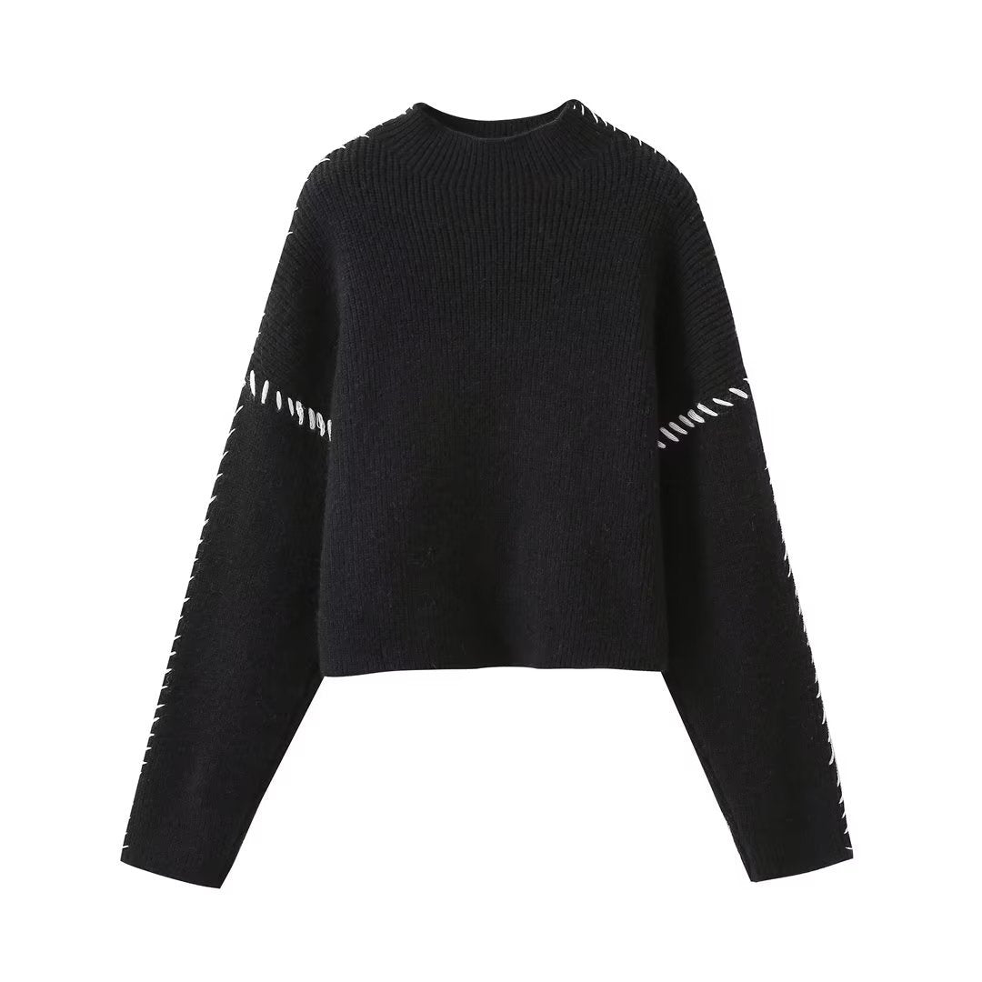 Damen Oversized Cropped Strickpullover mit Kontraststich und Raglanärmeln Echo Archiv