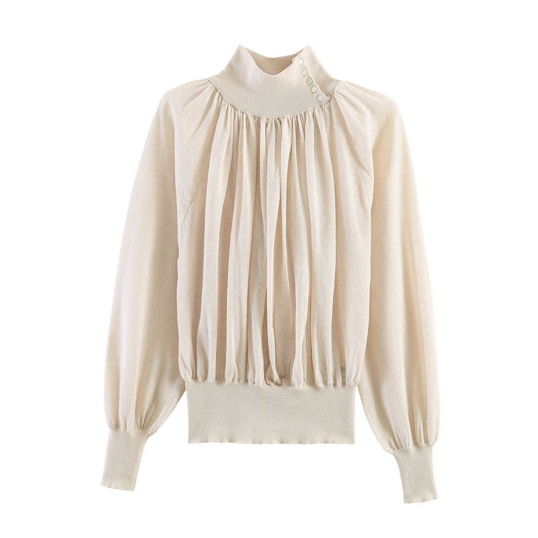 Damen Plissierter Feinstrick-Pullover mit Stehkragen und Ballonärmeln Echo Archiv