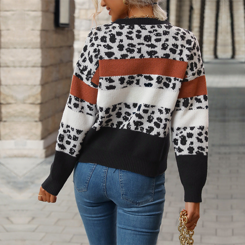 Damen Feinstrickpullover mit Animalprint‑Blockstreifen und geripptem Saum Echoarchiv