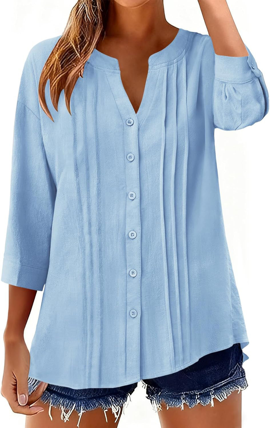 Damen Lockeres Tunikashirt mit Kellerfalten und dreiviertel Ärmeln Echo Archiv