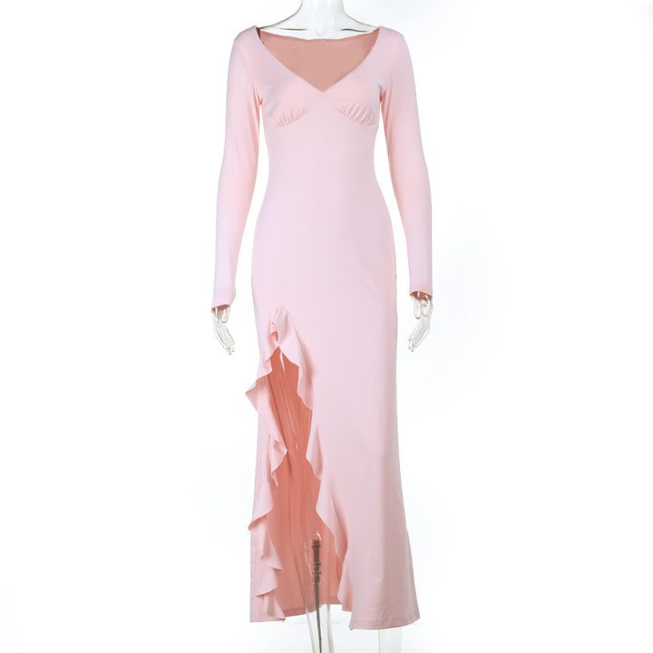 Damen elegantes Maxikleid mit Rüschen und tiefem Ausschnitt Echo Archiv