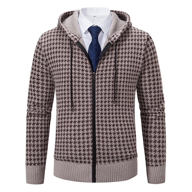 Herren gemütlicher Strickpullover mit modernem Karomuster und Kapuze Echoarchiv
