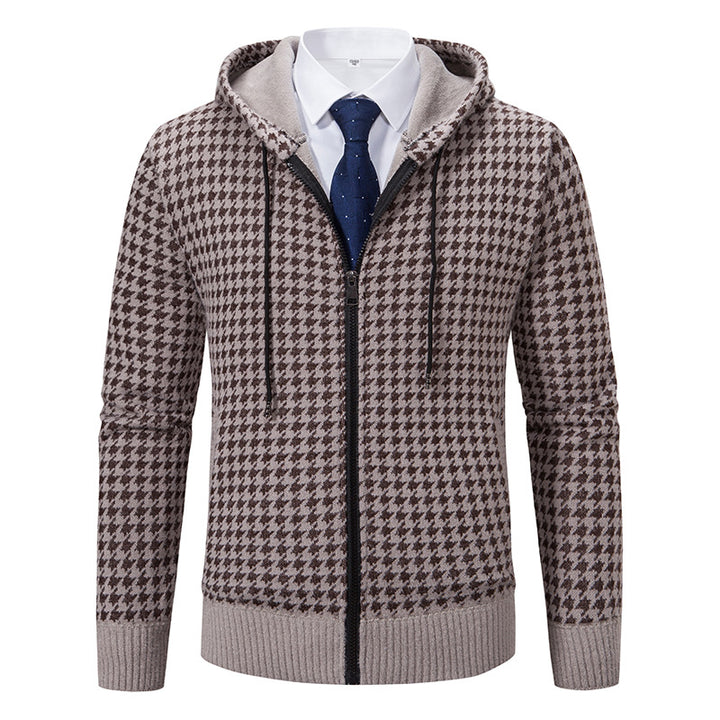 Herren gemütlicher Strickpullover mit modernem Karomuster und Kapuze Echoarchiv
