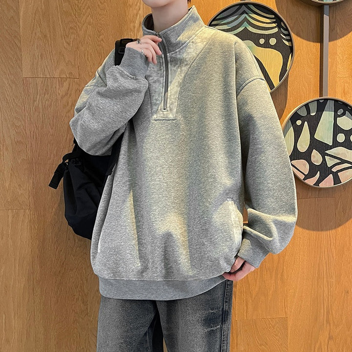 Herren Oversize Stehkragen-Halbzip-Sweatshirt mit Kängurutasche & Kontrast-Innenblende Echoarchiv