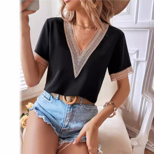 Damen Modische Bluse mit V-Ausschnitt und Spitzenbesatz Echo Archiv