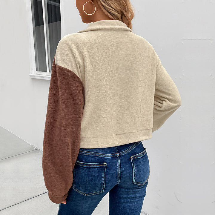 Damen Gekürzte Teddyjacke mit farbblockierten Ärmeln und Brusttaschen Echoarchiv
