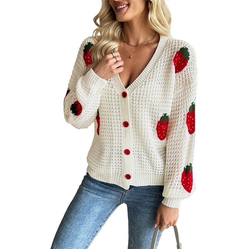 Damen Süßer Strickcardigan mit Erdbeer-Motiv Echo Archiv