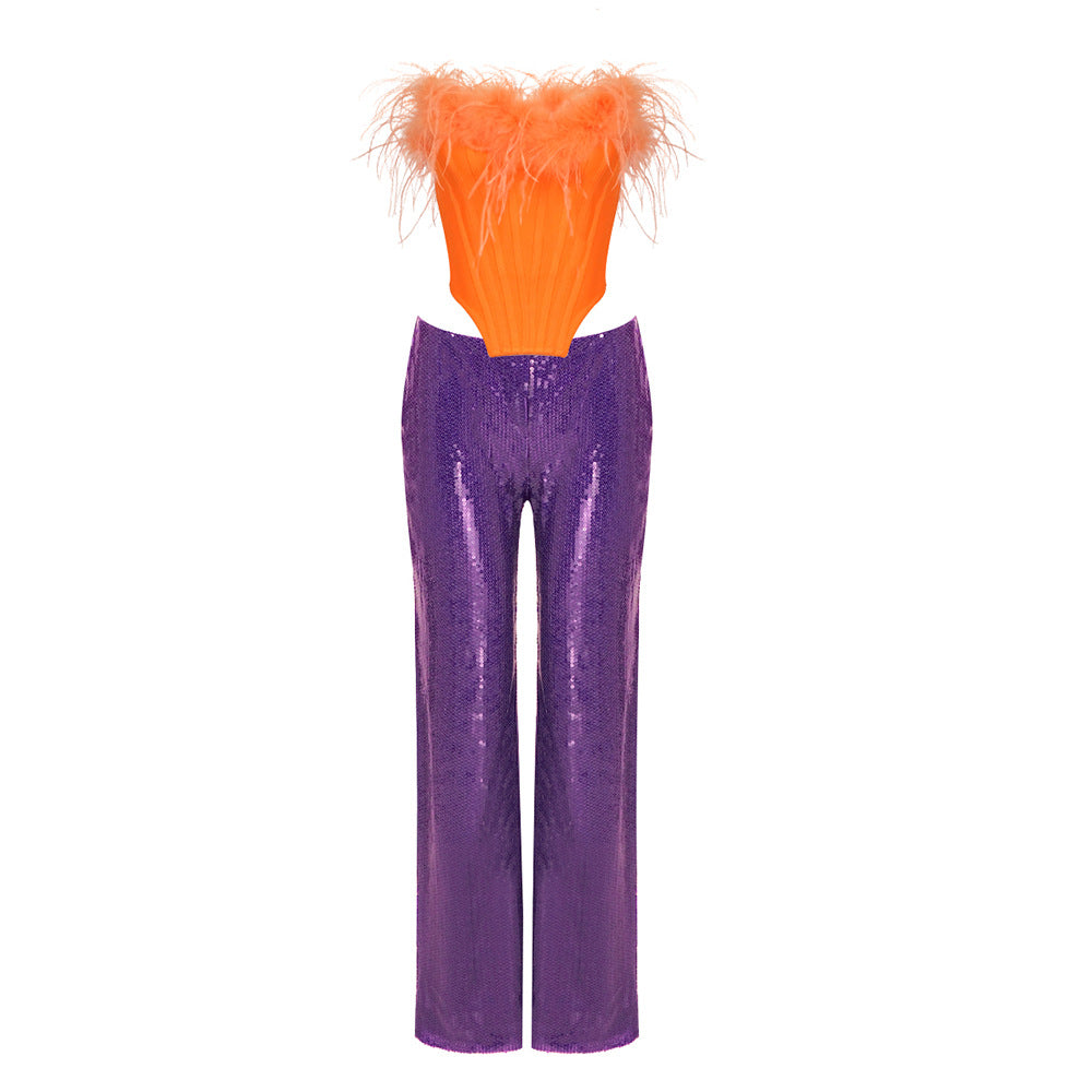 Damen elegantes Glitter-Cocktail-Outfit mit Federbesatz und weit geschnittenen Hosen Echo Archiv