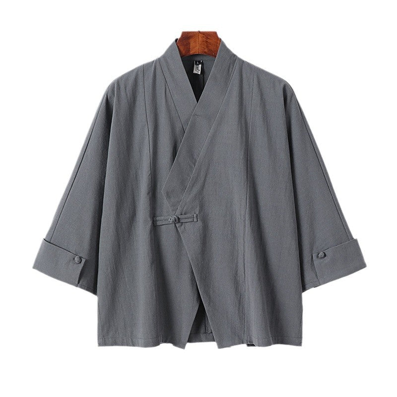 Herren Leinen-Kimono-Jacke mit traditionellem Knotenverschluss und mittel-langen Ärmeln Echoarchiv