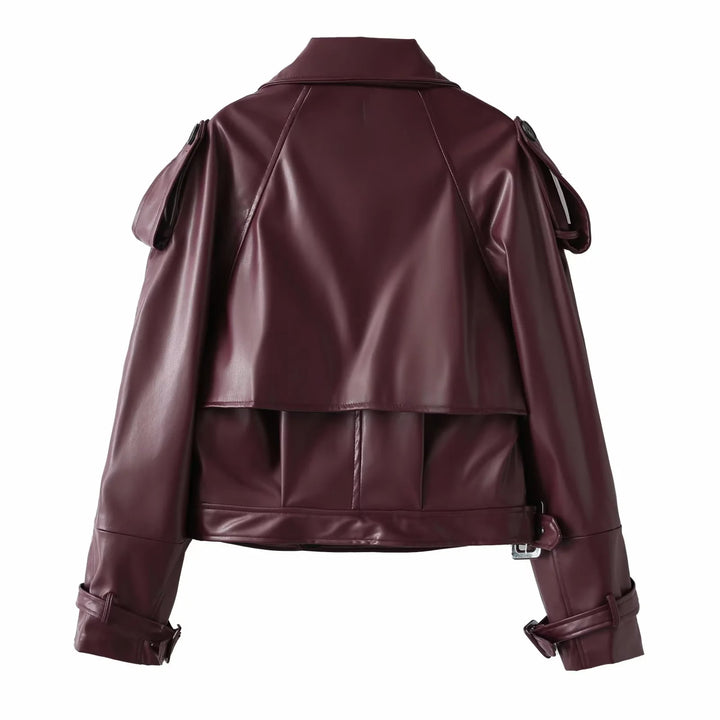 Damen cropped Kunstleder-Trenchblouson mit Schalkragen, Taillengürtel und verstellbaren Manschettenriemen – Célinea