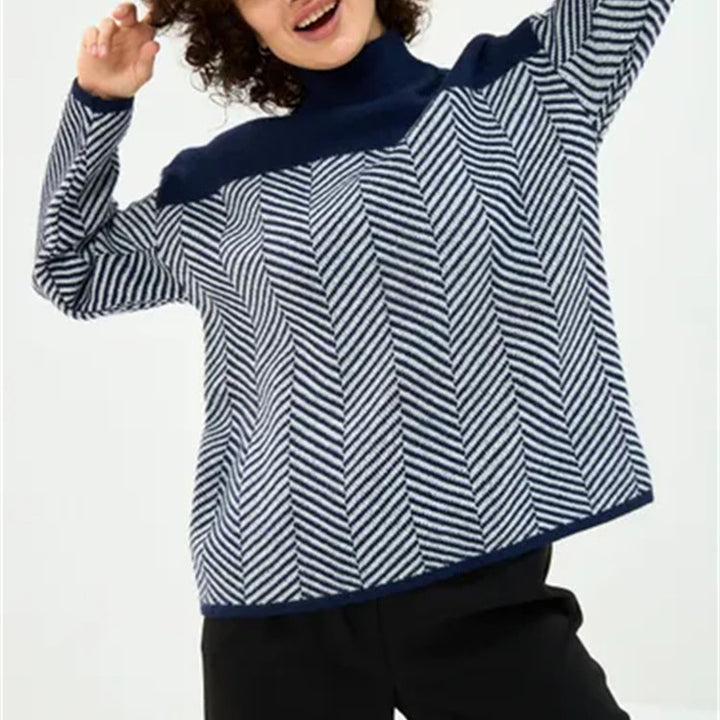 Damen Strickpullover mit Stehkragen und Fischgrätmuster – Mavelle
