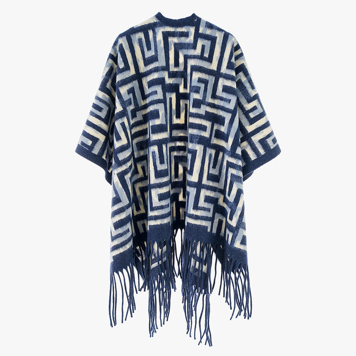 Damen Geometrischer Jacquard-Capeponcho mit Fransen und offenem Fall – Avérine