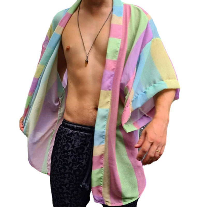 Damen Leichter Oversize-Kimono-Cardigan mit Längsstreifen und offenem Schnitt – Veloura