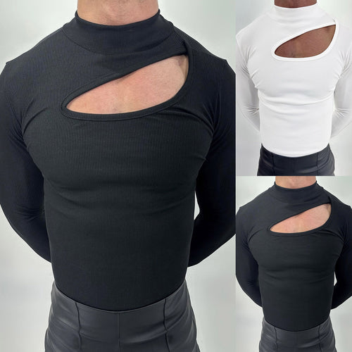 Damen nan eng anliegendes Langarm-Oberteil aus feinem Rippjersey mit asymmetrischem Schulter-Ausschnitt und hohem Kragen Echo Archiv