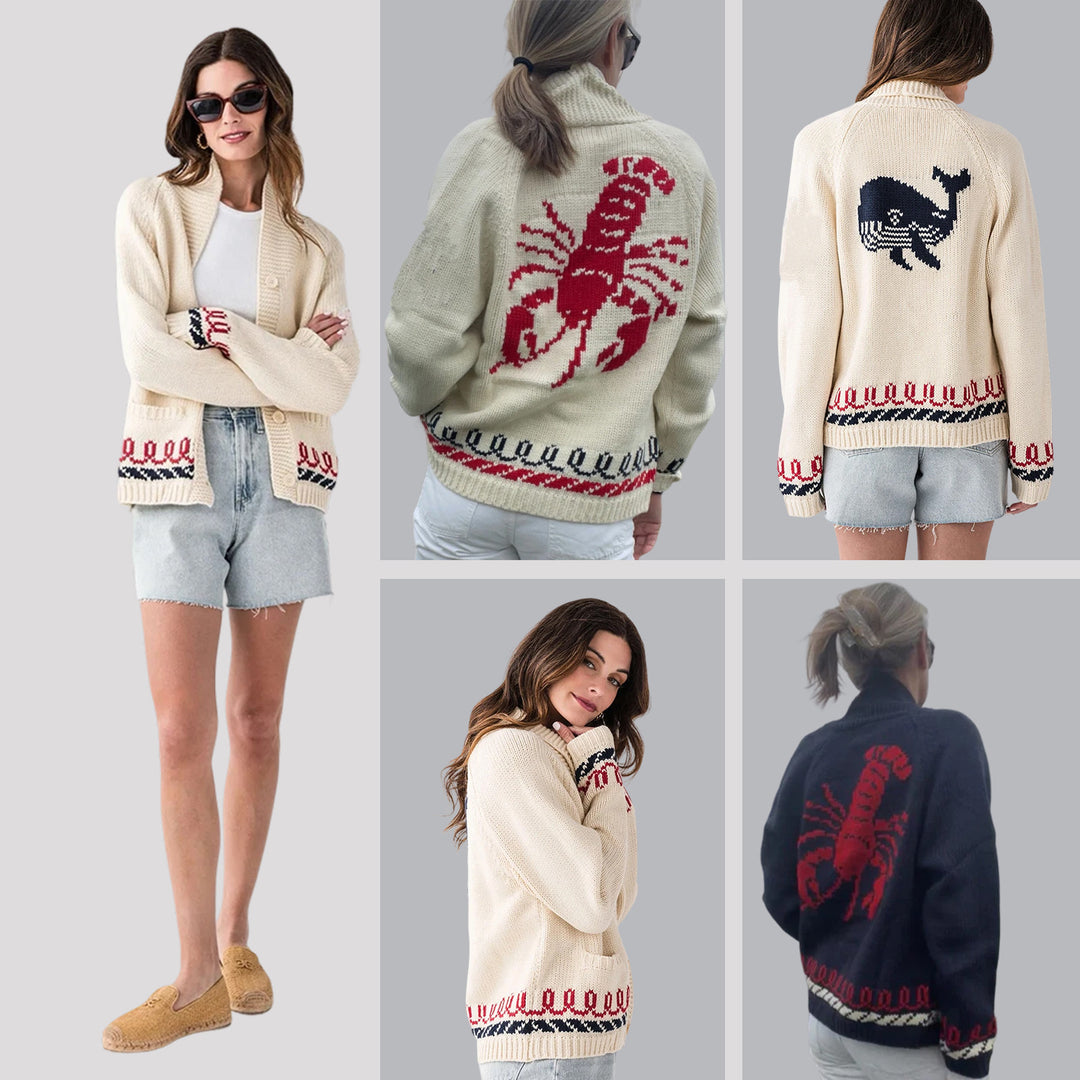 Damen Oversize Strickcardigan mit Walmotiv und nautischer Kontrastbordüre Echoarchiv