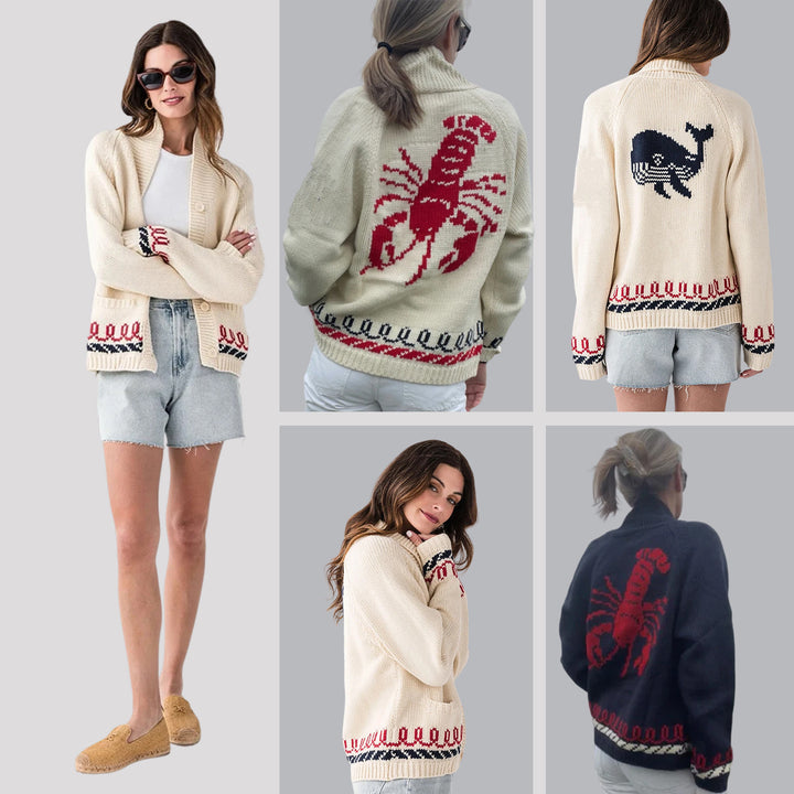 Damen Oversize Strickcardigan mit Walmotiv und nautischer Kontrastbordüre Echoarchiv