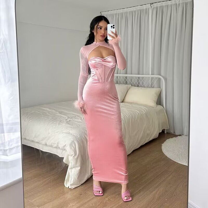 Damen figurbetontes Samt-Maxikleid mit Corsagen-Bustier und transparentem Mesh-Oberteil – Valéora