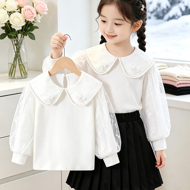 Mädchen Bluse mit elegantem Tüllkragen und floralen Applikationen Echo Archiv