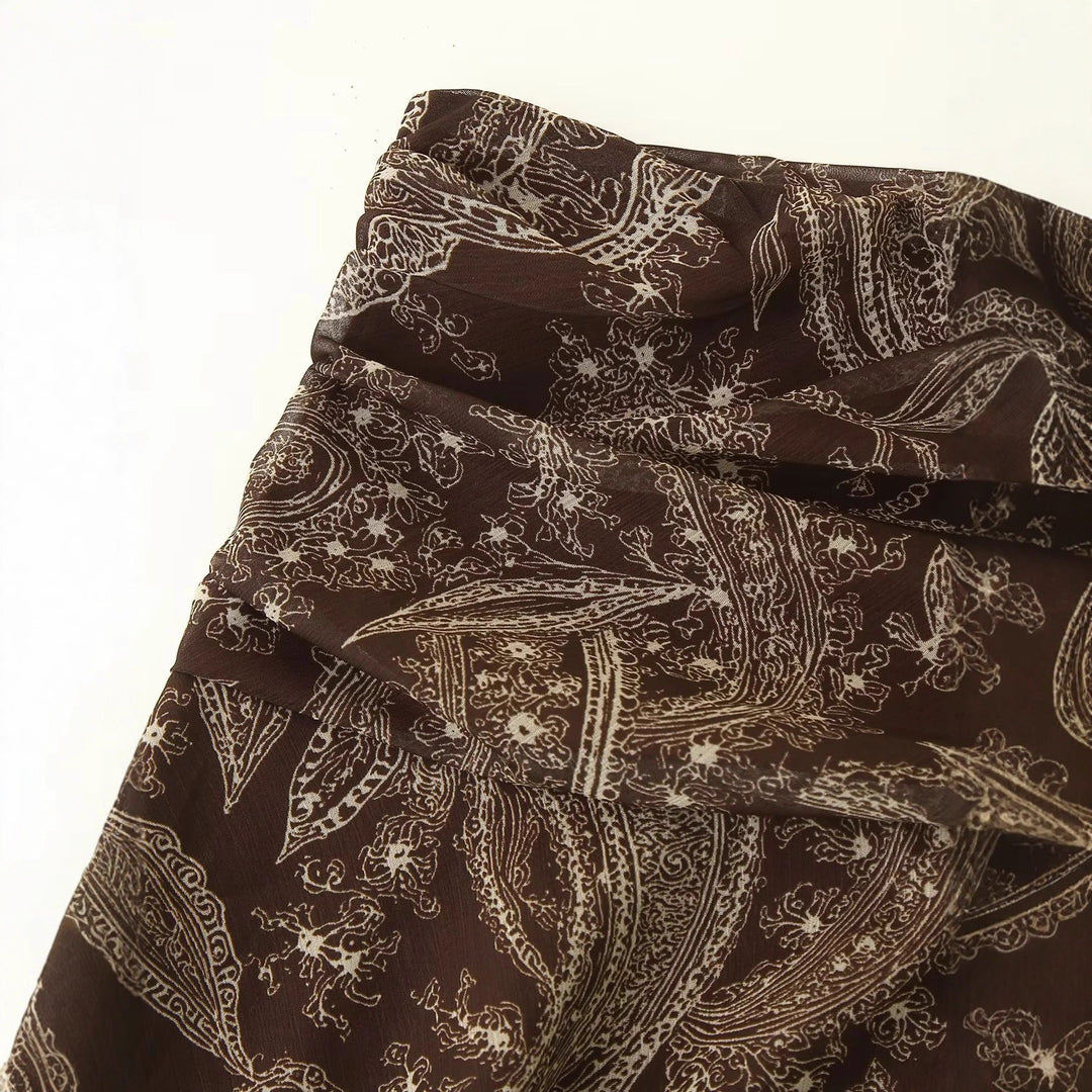 Damen ausgestellter Maxirock mit hoher Taille, gefaltetem Bund und Paisley‑Print – Valéora