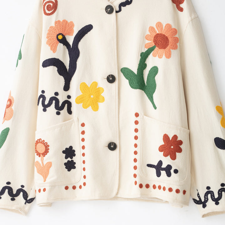 Damen Bestickte Oversize Baumwolljacke mit Blumendekor und Knopfleiste Echoarchiv