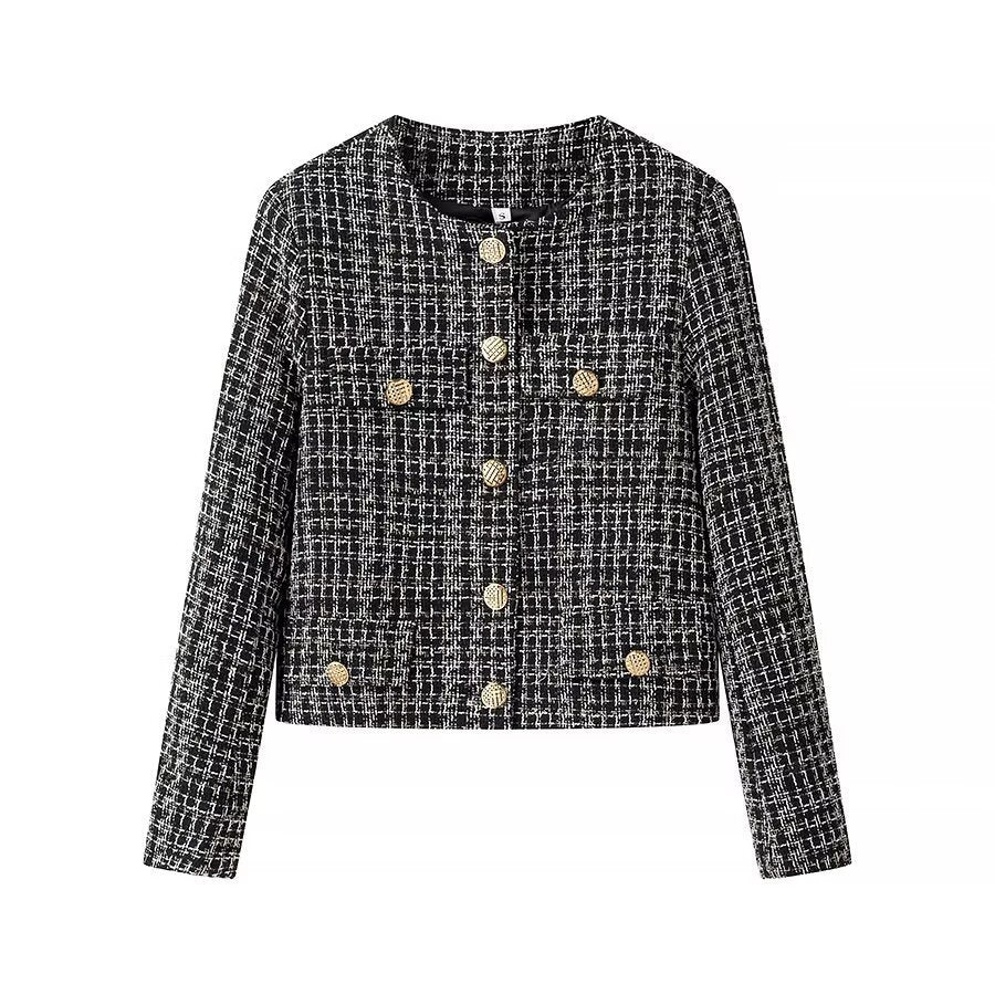 Damen Kurze Bouclé-Tweed-Jacke mit Rundhals, dekorativen Zierknöpfen und aufgesetzten Taschen Echo Archiv