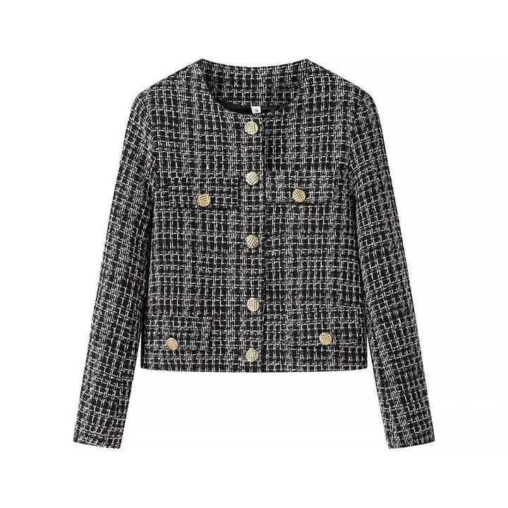 Damen Kurze Bouclé-Tweed-Jacke mit Rundhals, dekorativen Zierknöpfen und aufgesetzten Taschen Echo Archiv