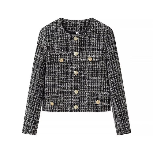 Damen Kurze Bouclé-Tweed-Jacke mit Rundhals, dekorativen Zierknöpfen und aufgesetzten Taschen Echo Archiv