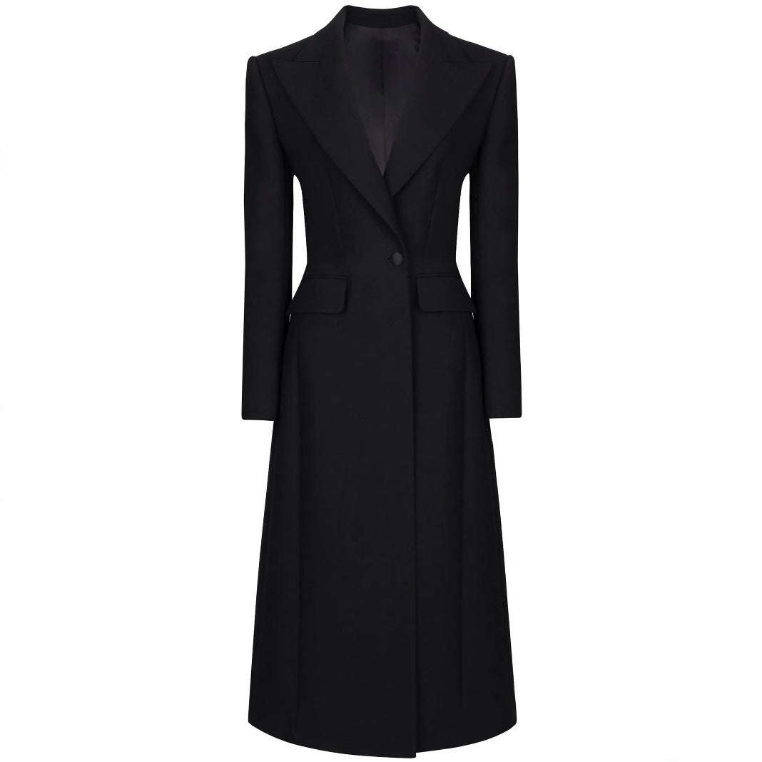 Damen Taillierter Longline-Mantel mit spitzem Revers und Gehschlitz Echoarchiv