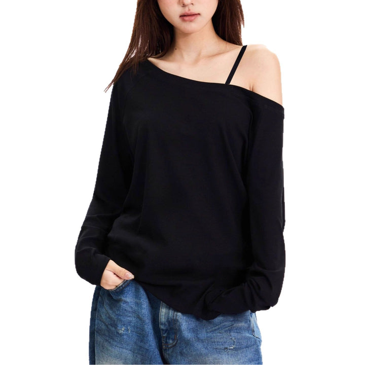 Damen nan asymmetrisches Off-Shoulder Langarmshirt aus Baumwollstretch mit lässigem Oversize-Schnitt Echo Archiv