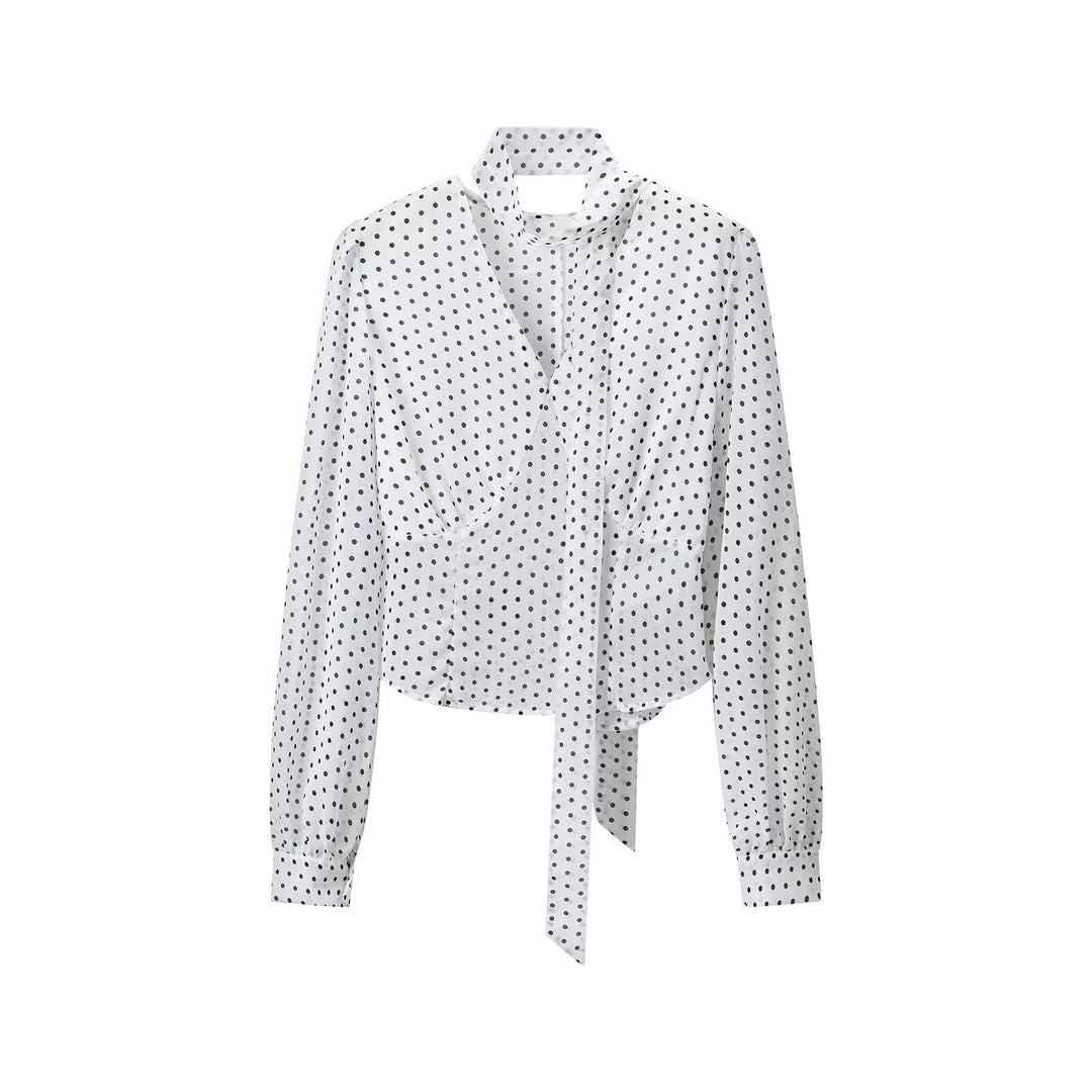 Damen Wickelbluse mit Bindeschal, V-Ausschnitt und Polka-Dot-Optik Echoarchiv