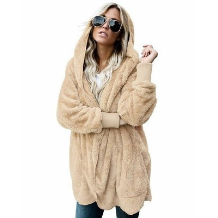 Damen Oversize Teddy‑Fleece‑Mantel mit offener Front, Eingrifftaschen und Rippbündchen – Montévia
