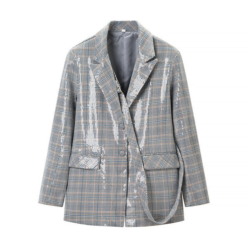 Damen Oversize Glencheck-Blazer mit einreihiger Knopfleiste, Pattentaschen und dezentem Paillettenbesatz Echo Archiv