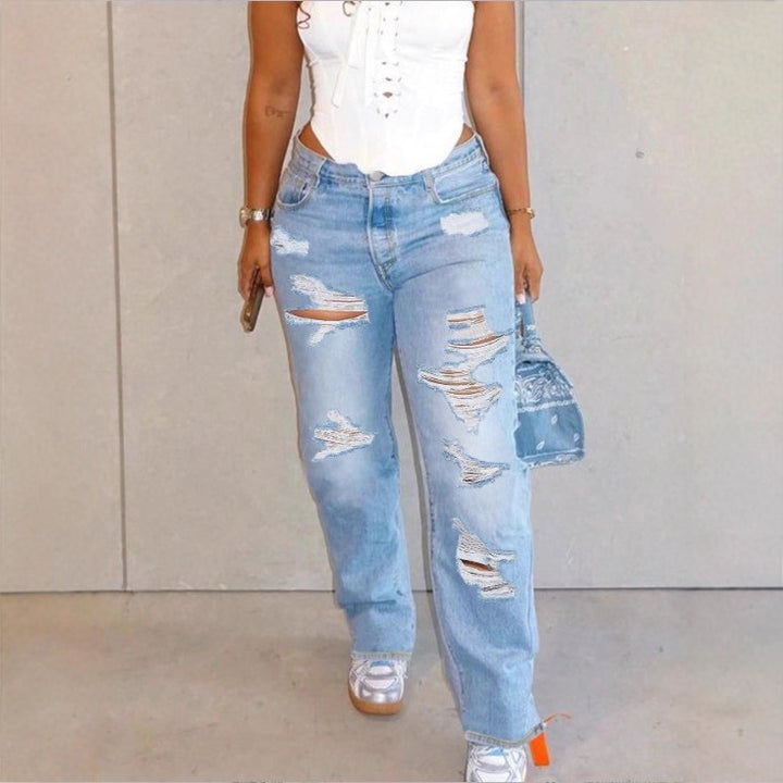 Damen Hochtaillierte Relaxed-Fit Straight-Jeans mit ausgeprägten Destroyed-Details Echo Archiv