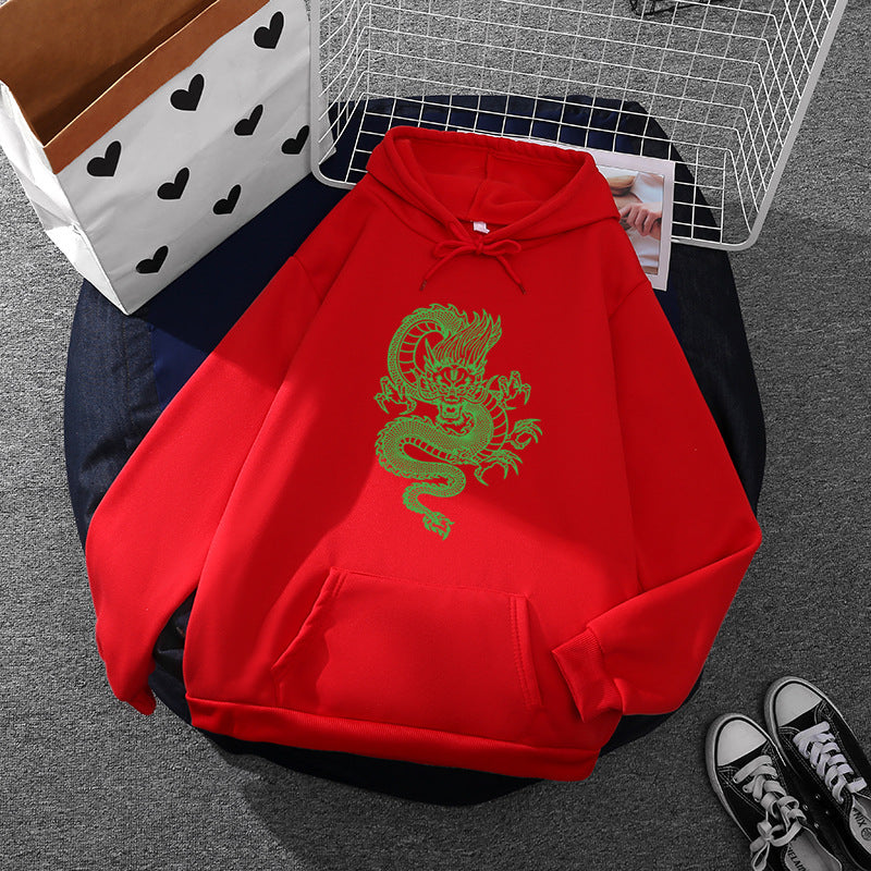 Unisex Kapuzenpullover mit detailreichem Drachenmotiv, Oversize‑Schnitt und Kängurutasche – Auréline