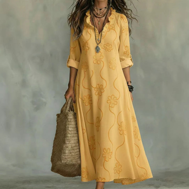 Damen Langes Boho-Maxikleid mit Blumenstickerei und V‑Ausschnitt Echoarchiv