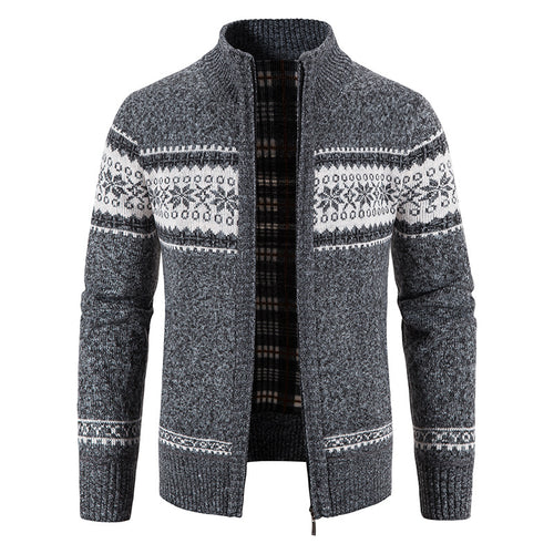 Herren Grobgestrickte Norweger-Strickjacke mit durchgehendem Reißverschluss und karierter Fleece-Innenlage Echo Archiv