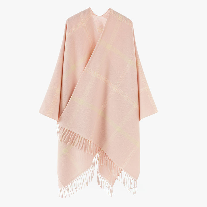 Damen Wollmix‑Überwurfponcho mit großem Karomuster und Fransensaum – Avérine
