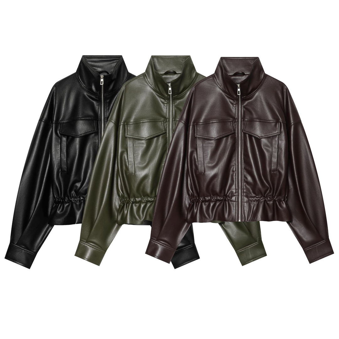 Damen Cropped Kunstlederjacke mit hohem Stehkragen, aufgesetzten Brusttaschen und Tunnelzug-Taille Echo Archiv