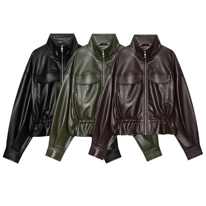 Damen Cropped Kunstlederjacke mit hohem Stehkragen, aufgesetzten Brusttaschen und Tunnelzug-Taille Echo Archiv