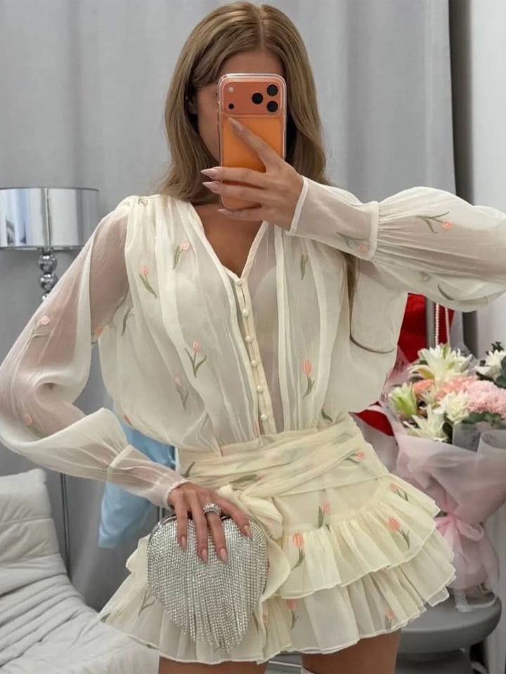 Damen Zweiteiliges Chiffon‑Set mit bestickter Transparentbluse und Volant‑Minirock Echoarchiv