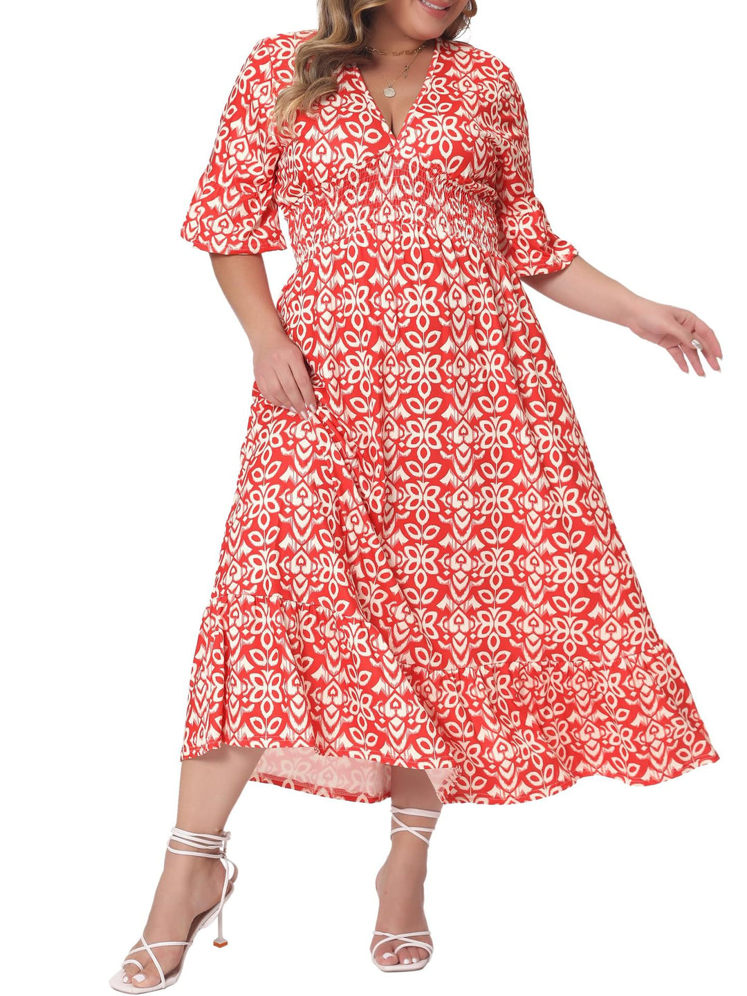 Damen Midikleid in A‑Linie mit grafischem Allover‑Print, geraffter Taillenpartie und Volantstufen Echo Archiv