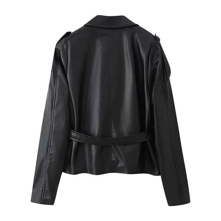 Damen nan taillierte Kunstlederjacke mit Bindegürtel, Hemdkragen und verdeckter Knopfleiste Echo Archiv