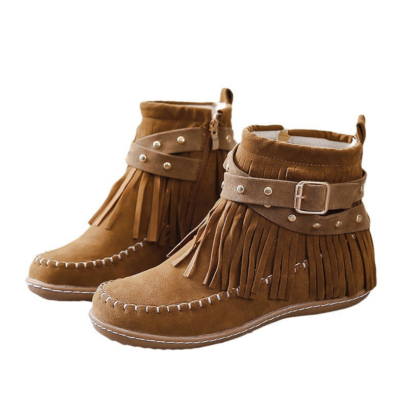 Damen nan Fransen-Mokassin-Stiefelette mit Ziergurt, Schnalle und weicher Gummisohle Echo Archiv