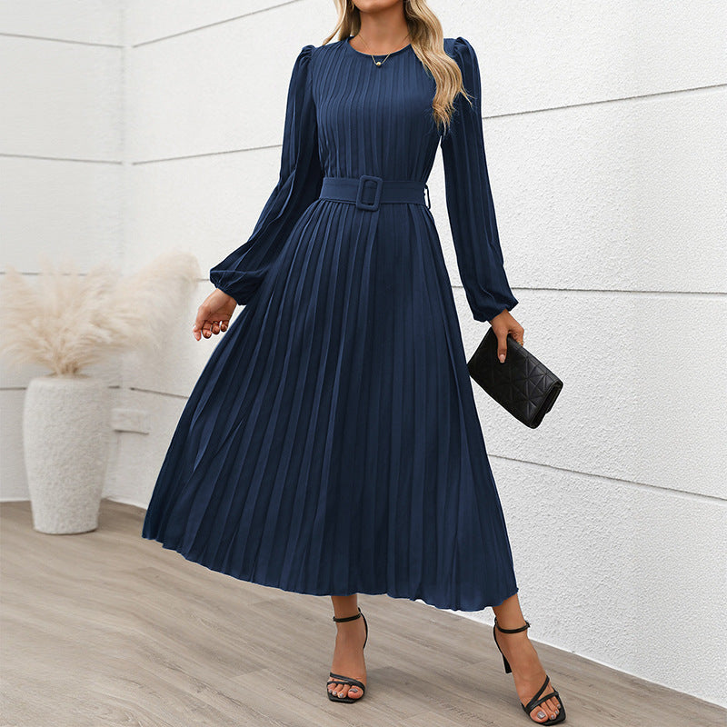 Damen Plissiertes Midikleid mit Taillengürtel, Puffärmeln und Rundhalsausschnitt – Élara