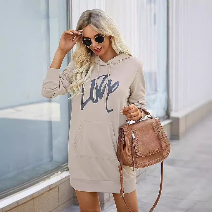 Damen Fleece-Kapuzenkleid mit Kängurutasche, Daumenlochärmeln und Oversize-Sweatshirt-Schnitt Echoarchiv