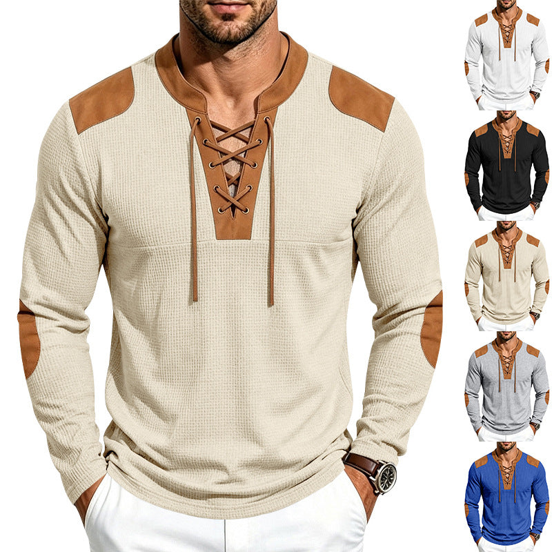 Herren Langarm-Waffelshirt mit Schnürkragen und Kunstlederapplikationen – Marzano