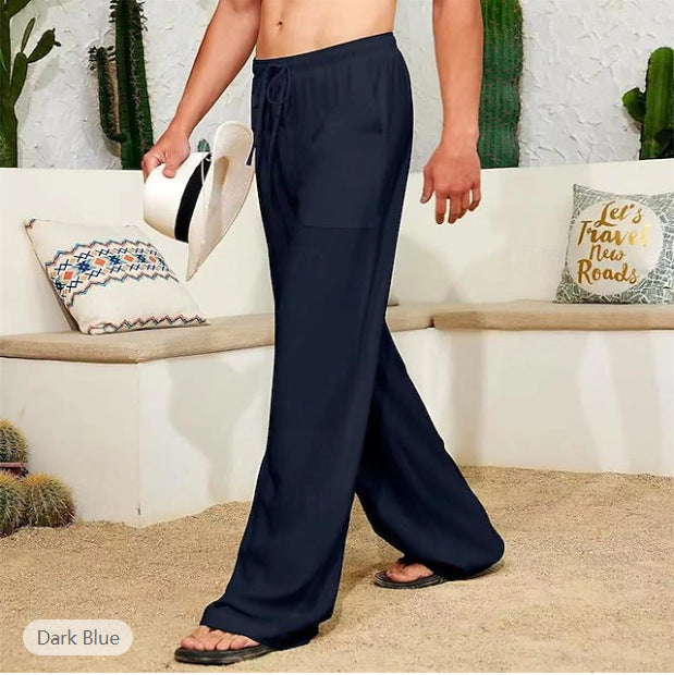 Herren weite Leinenhose mit Tunnelzug, aufgesetzten Seitentaschen und Relaxed-Fit – Sorevano