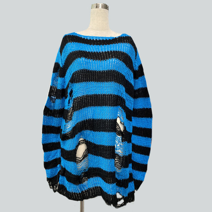Damen nan Oversized Grobstrickpullover mit breiten Blockstreifen und aufgerissenem Design Echo Archiv