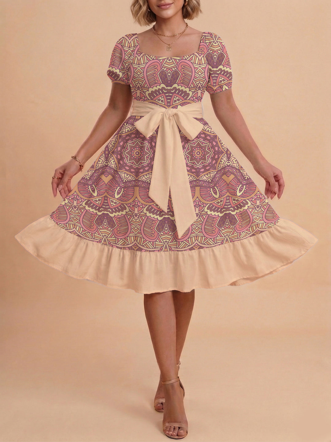 Damen A-Linien-Kleid mit floralen Motiven und taillierbarem Gürtel Echo Archiv