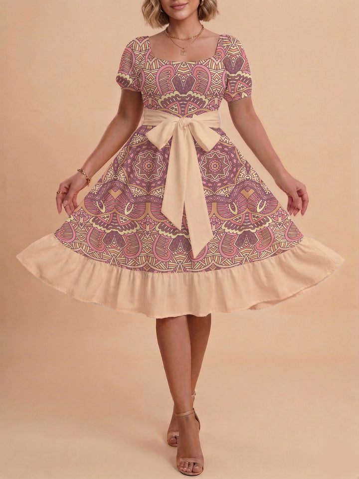 Damen A-Linien-Kleid mit floralen Motiven und taillierbarem Gürtel Echo Archiv